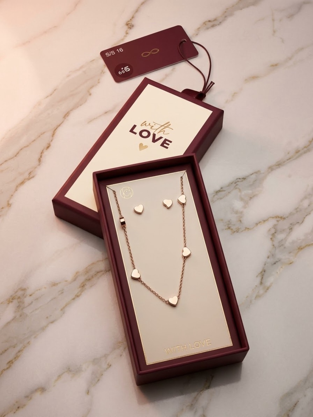 Rose Gold Heart Necklace and Stud Earring Set